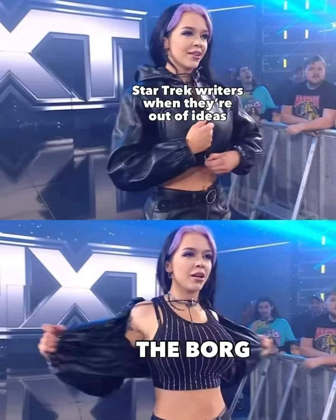 A funny meme comparing Star Trek writers to The Borg