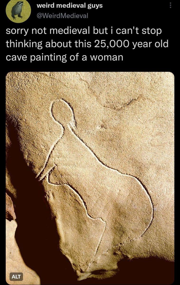 A hilarious meme showing a 25,000-year-old cave painting of a curvy woman.