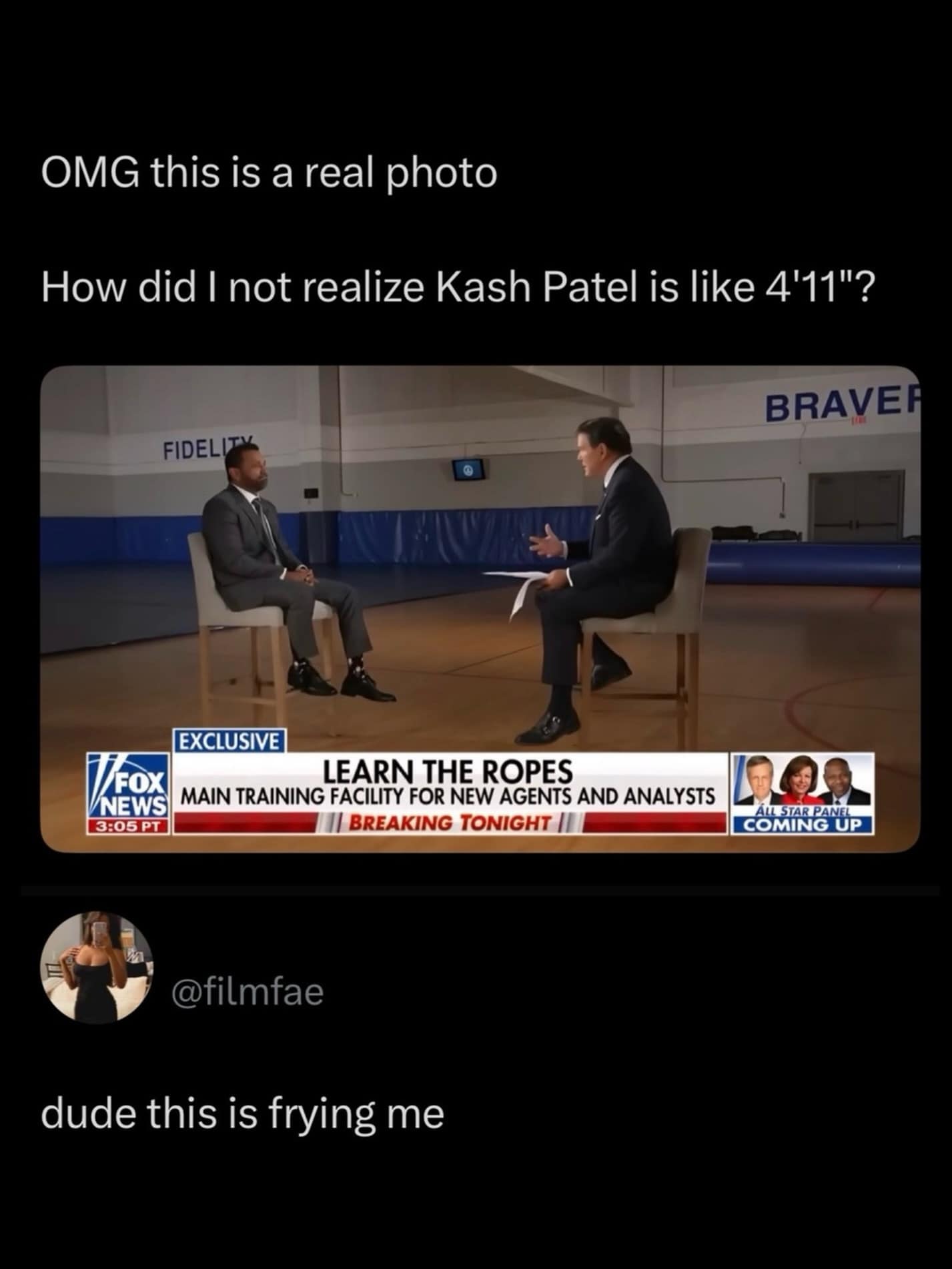 A funny meme showing Kash Patel looking incredibly small while sitting in a large chair during an interview.