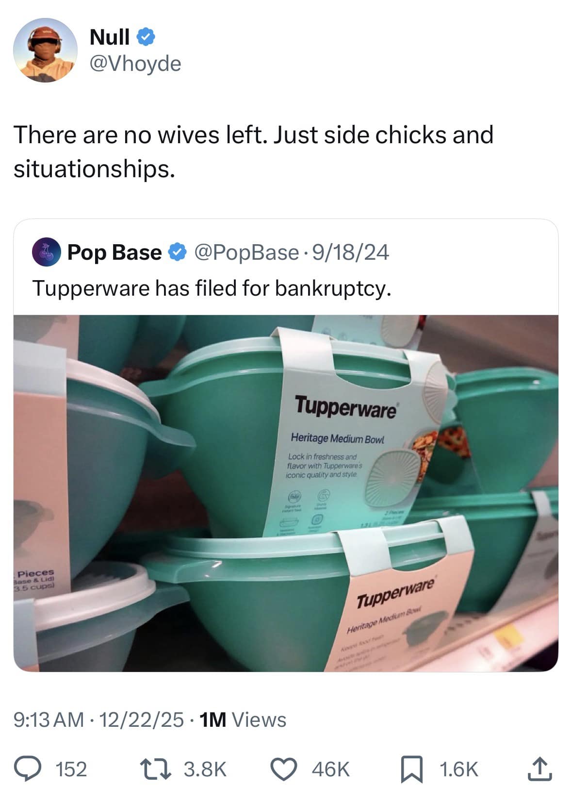 A hilarious meme combining news of Tupperware filing for bankruptcy with a tweet blaming it on a lack of traditional wives.