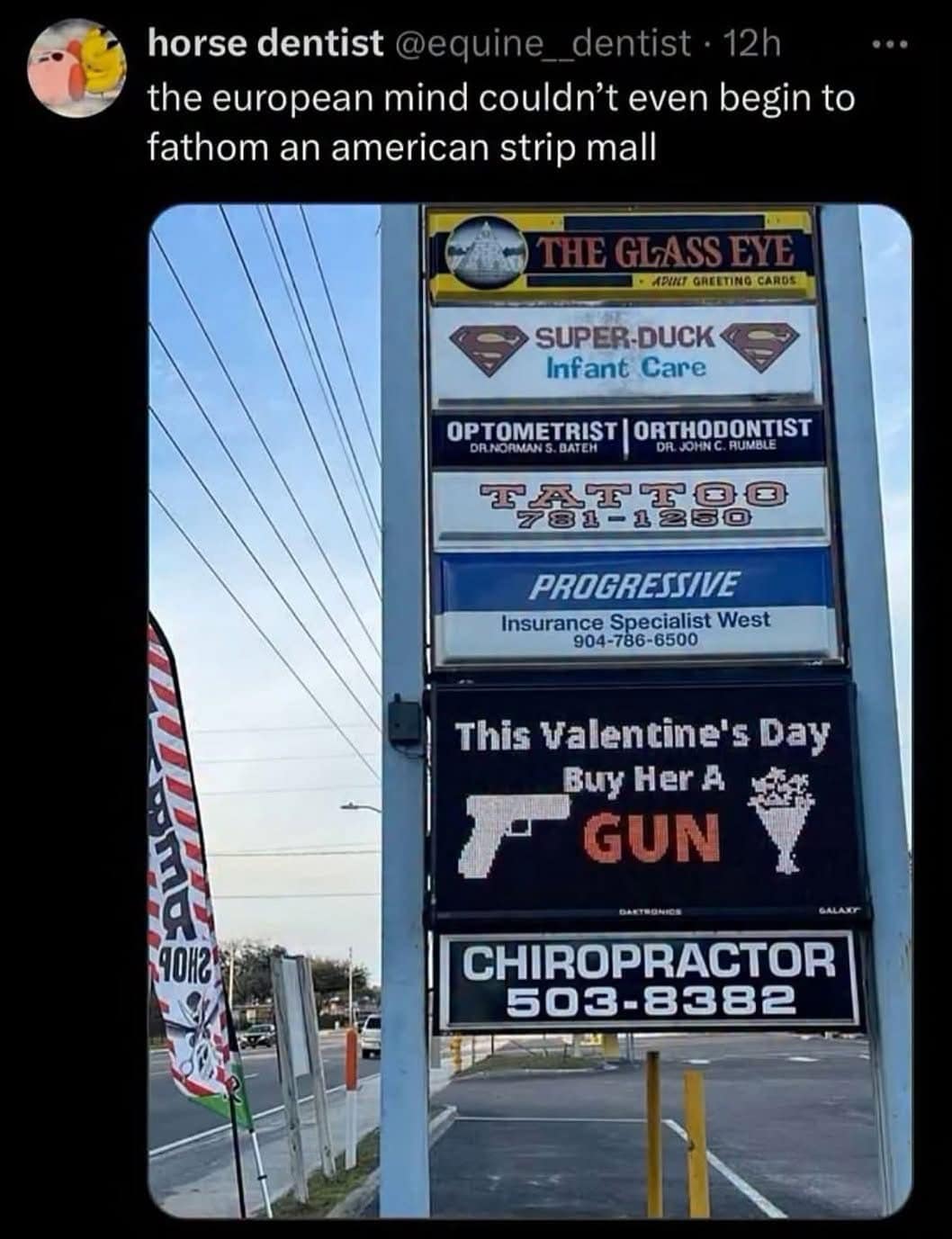 American strip mall sign advertising infant care and guns in a funny meme.