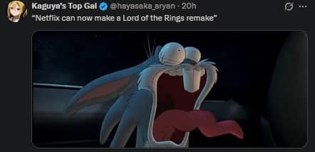A hilarious meme of Bugs Bunny screaming about a Netflix LOTR remake.