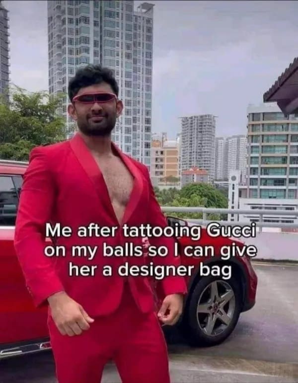 A hilarious meme of a man in a red suit joking about tattooing Gucci on his body for a gift.
