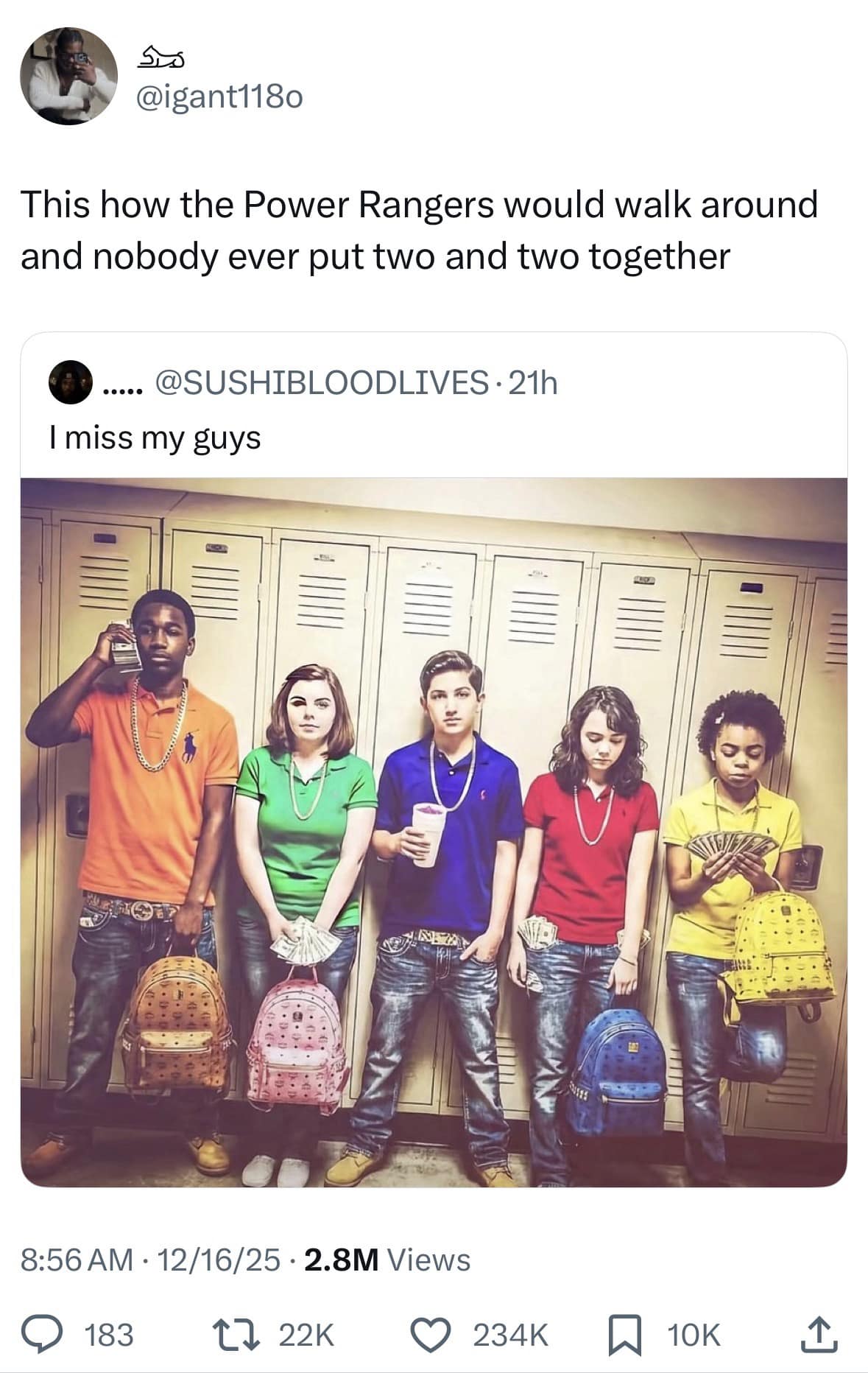 A meme dump photo of five students in a hallway dressed exactly like the Power Rangers colors.