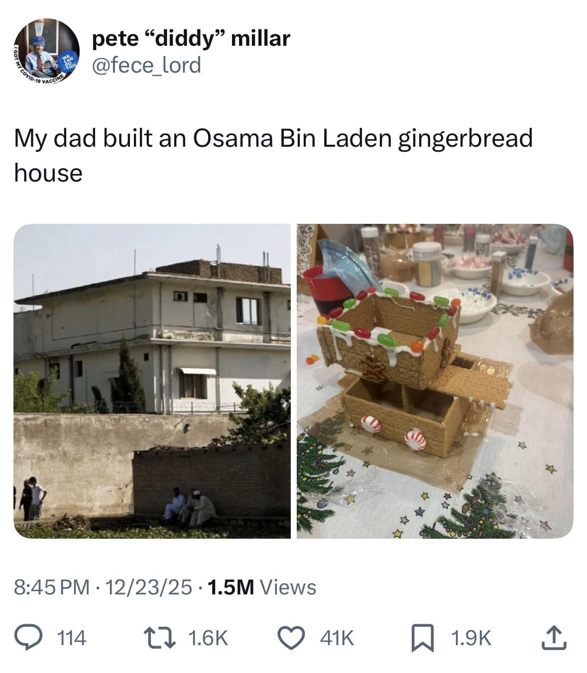 A hilarious meme showing a gingerbread house modeled after Osama Bin Laden's compound.