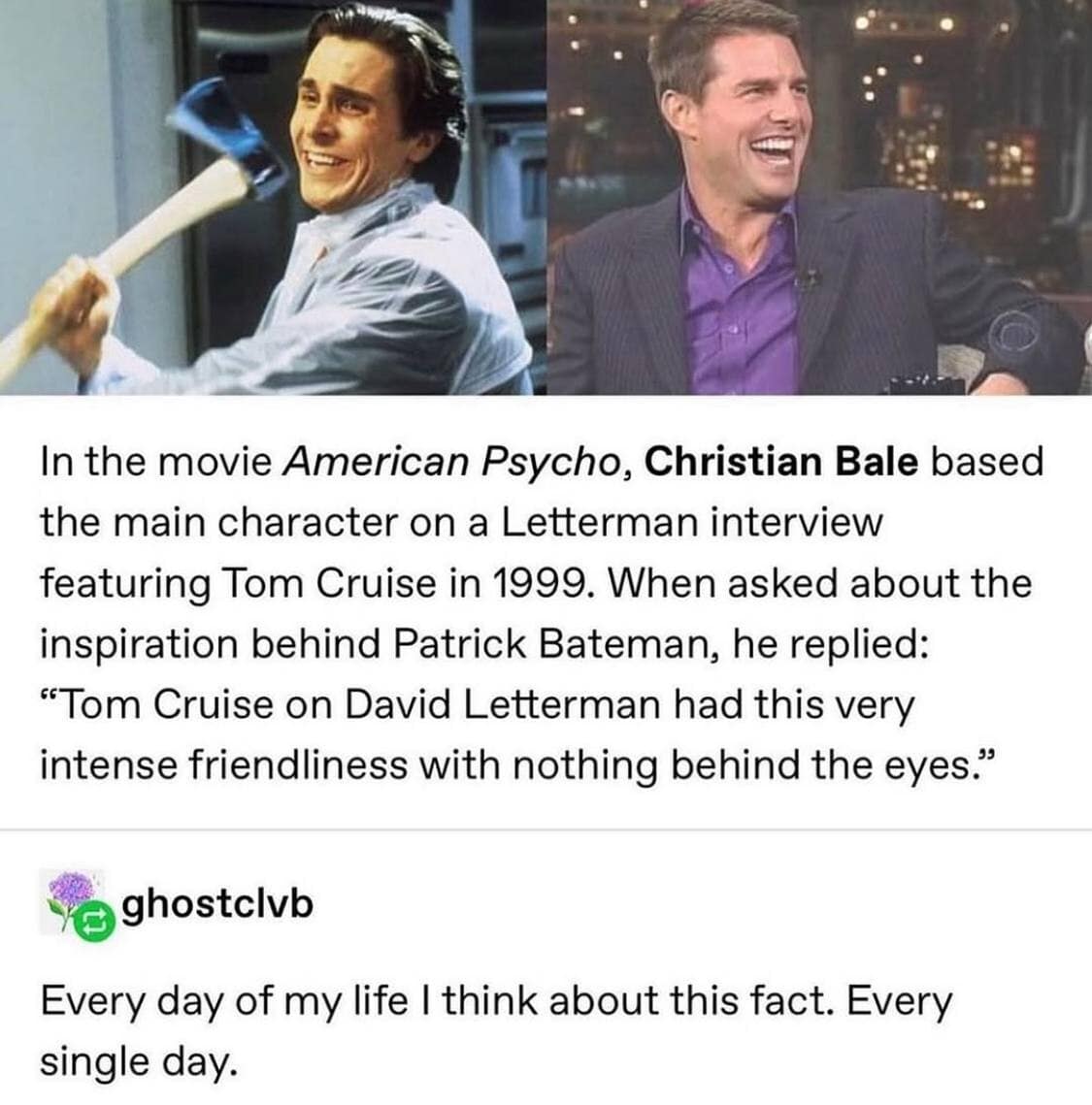 Christian Bale as Patrick Bateman next to Tom Cruise laughing in a hilarious meme