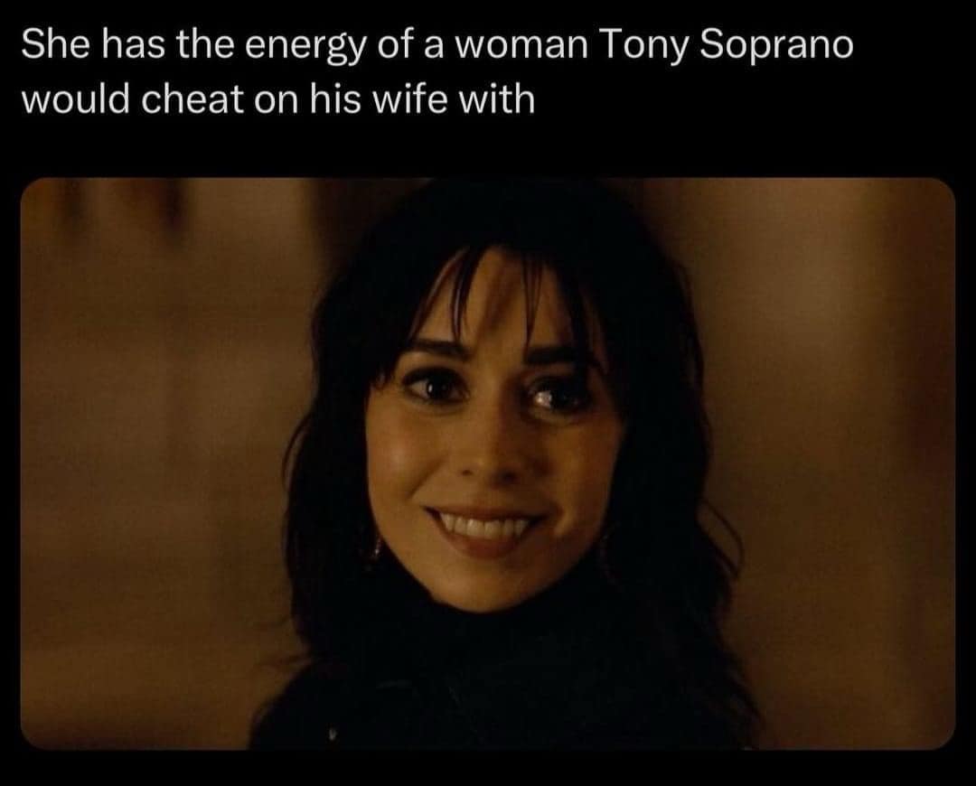 A funny meme describing a woman Tony Soprano would date.