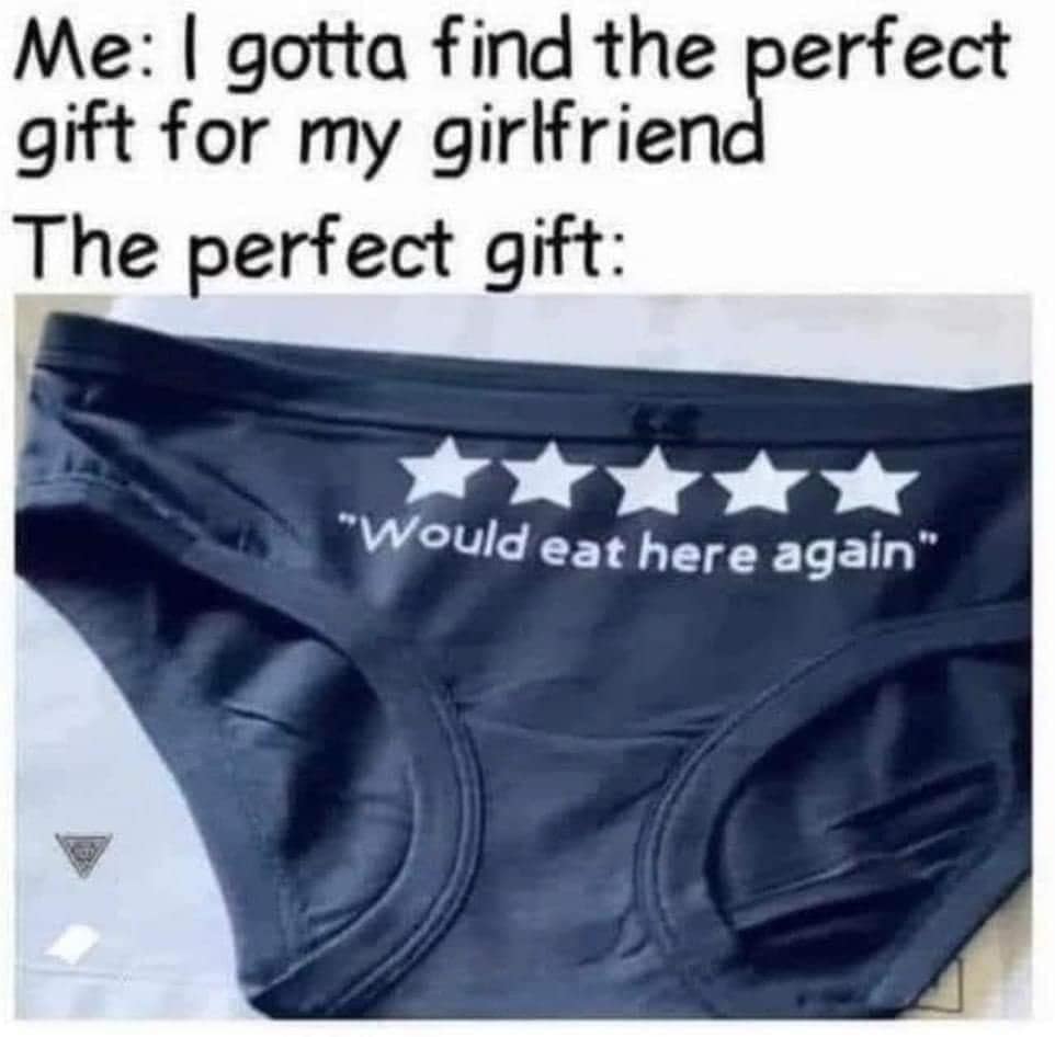 A funny meme showing underwear with a five-star review saying Would Eat Here Again.