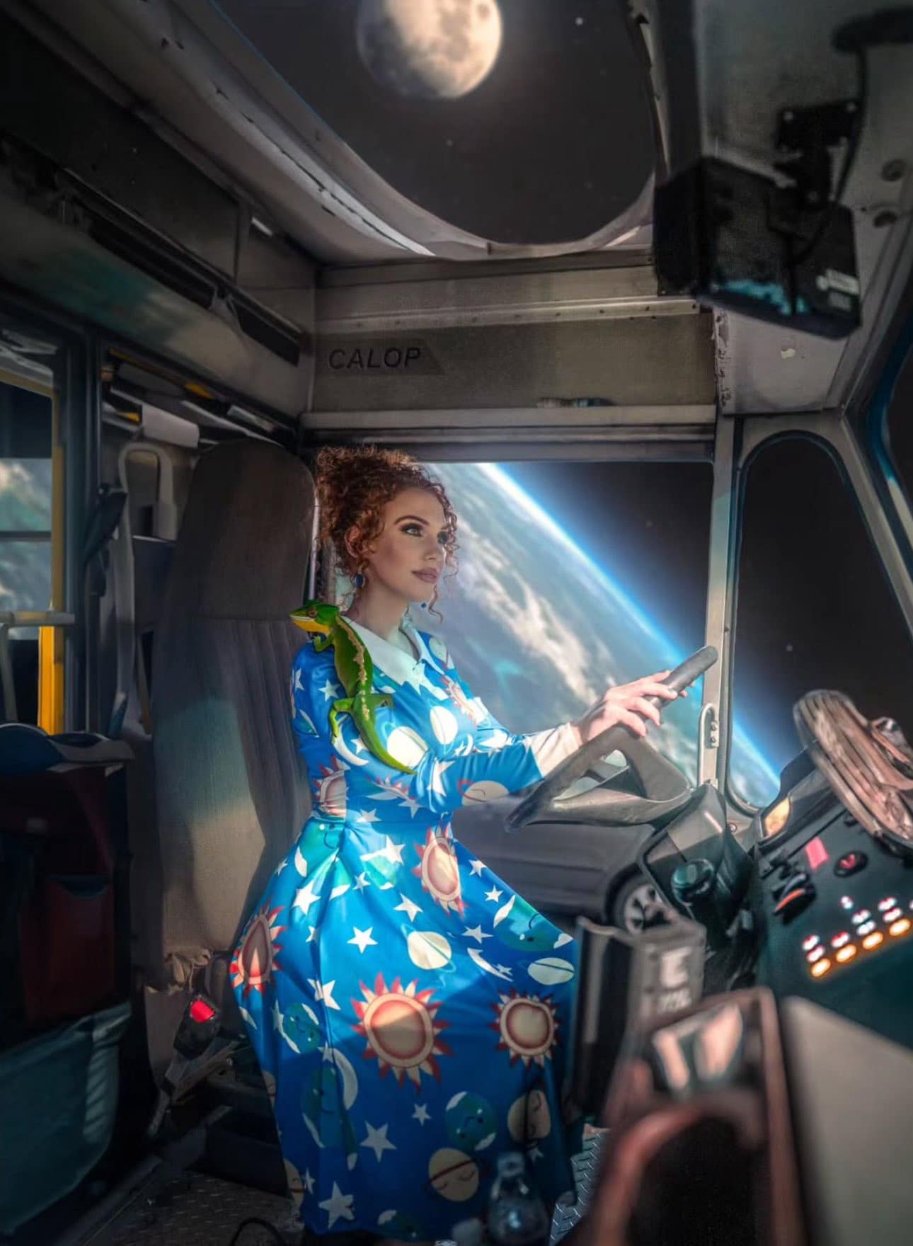 A meme dump image featuring a realistic AI art version of Ms. Frizzle driving the Magic School Bus in space.