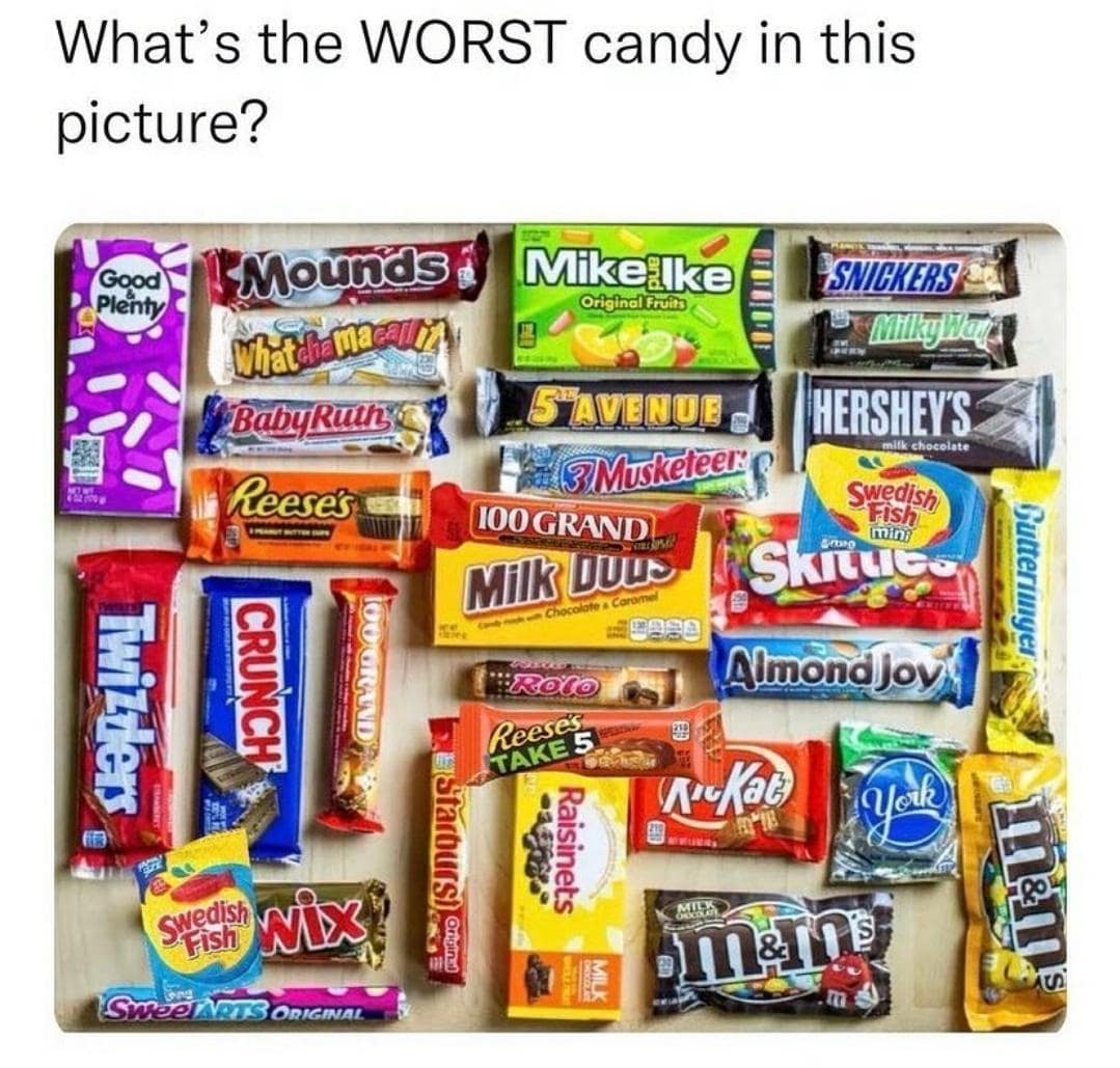 Flat lay of various candy bars asking which is the worst in a funny meme.