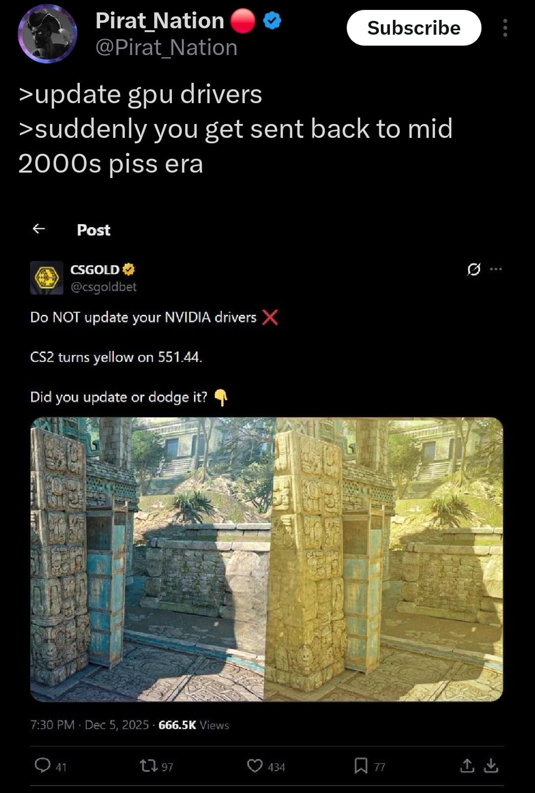 A hilarious meme about Nvidia drivers turning CS2 yellow.