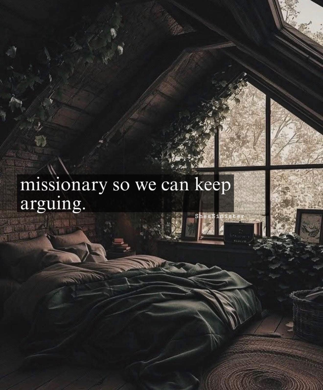 A hilarious meme text over a dark bedroom saying missionary so we can keep arguing.