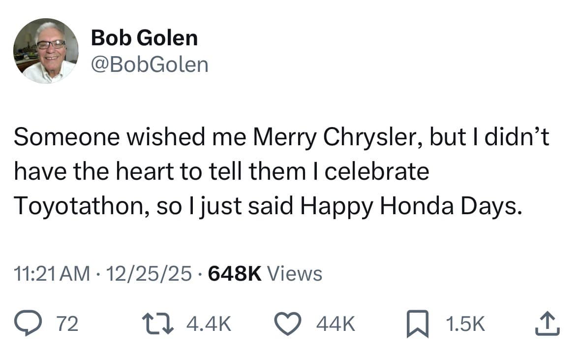 A hilarious meme tweet about confusing holiday greetings with car dealership sales events like Toyotathon.