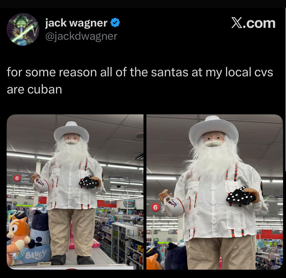 Santa Claus dolls wearing Cuban outfits at CVS in a hilarious meme