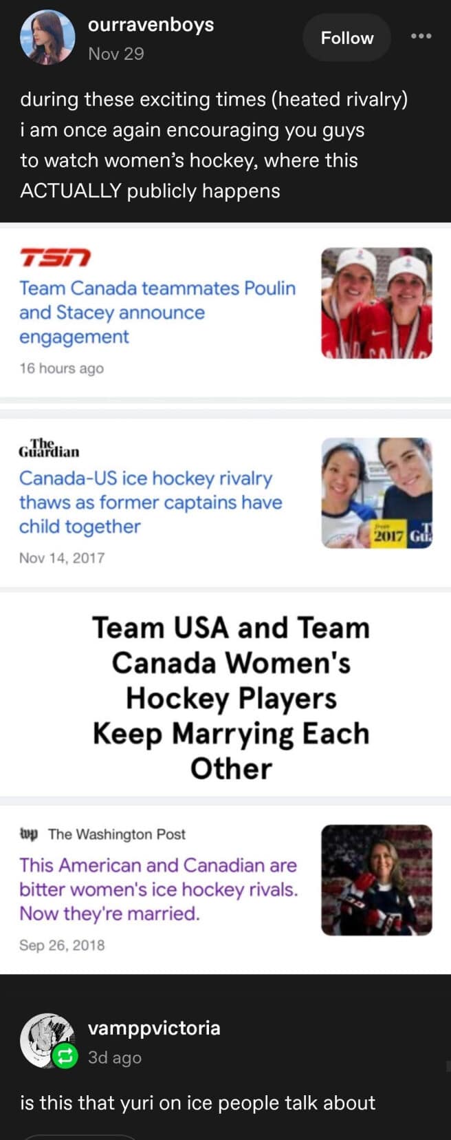 A hilarious meme about women's hockey players marrying rivals.