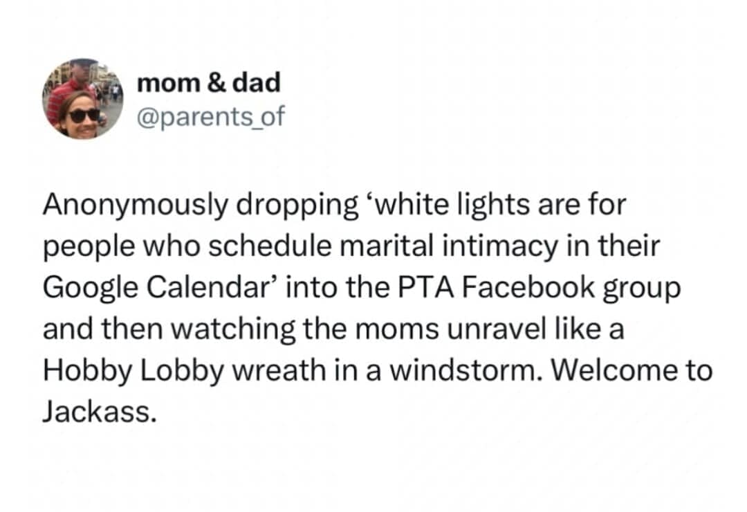 A funny meme tweet about trolling a PTA Facebook group with a hot take about white Christmas lights