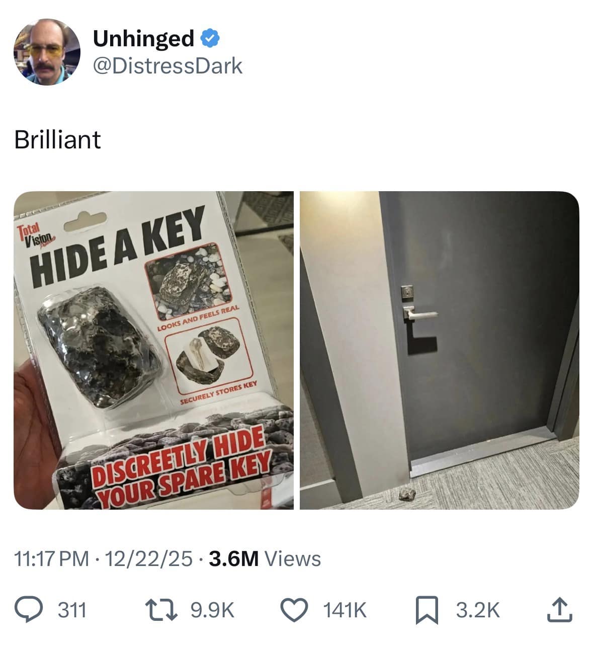 A funny meme showing a fake rock key hider placed conspicuously on an indoor office carpet.