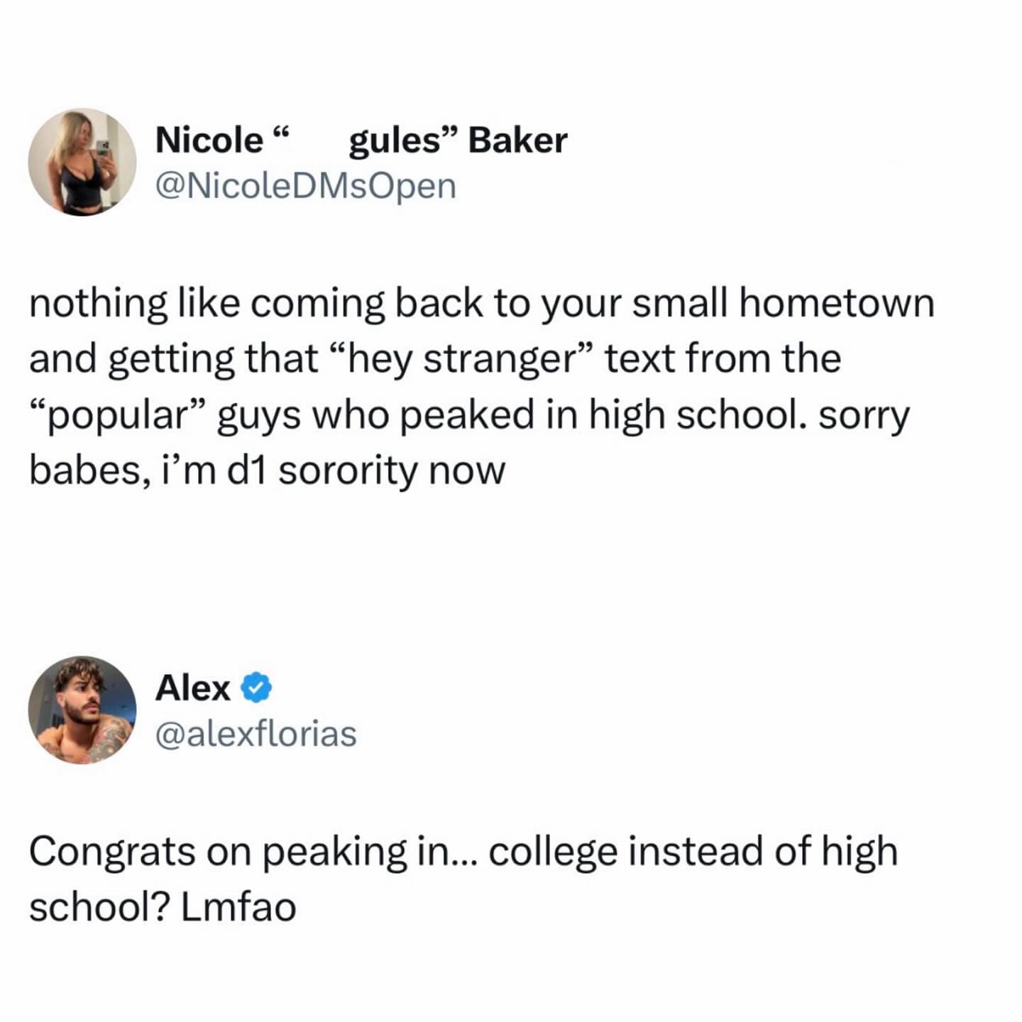 Twitter exchange roasting a girl for peaking in a sorority in a funny meme.