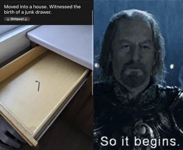 Single Allen key in an empty drawer representing the start of a mess in a hilarious meme