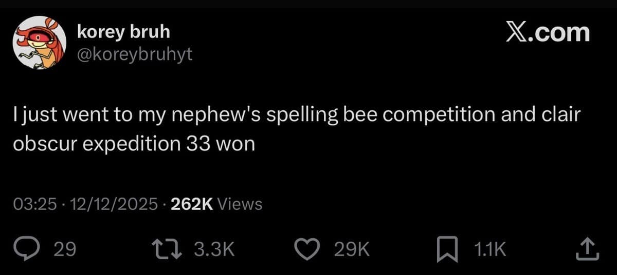 A funny meme tweet about a spelling bee winner named Clair Obscur Expedition 33