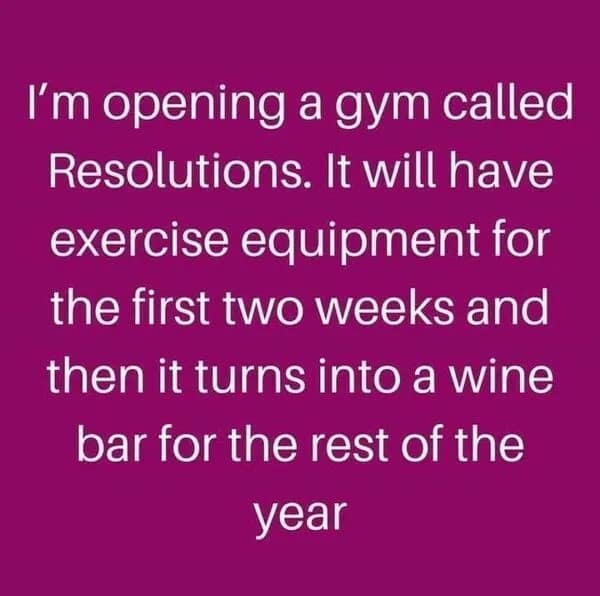 Text post about opening a gym that turns into a wine bar in a funny meme.