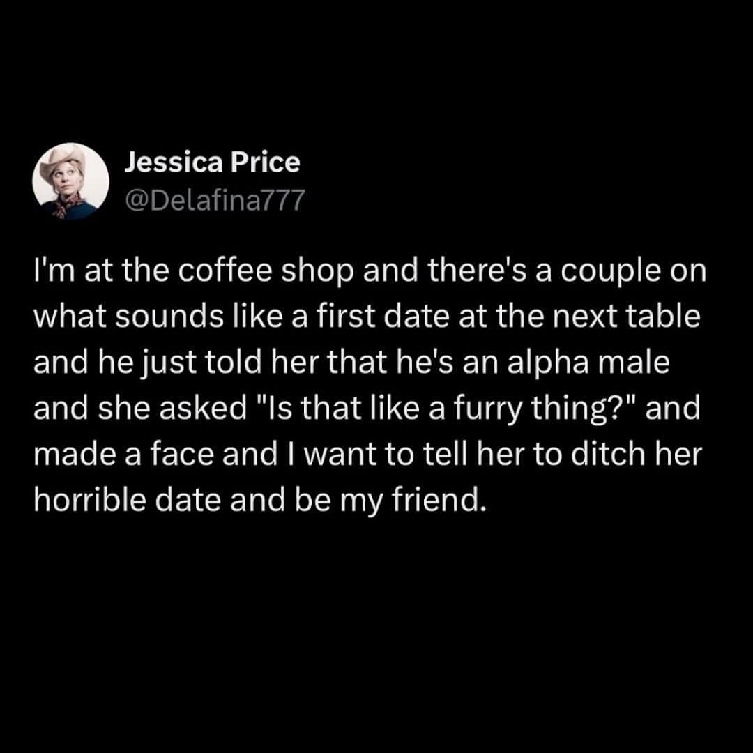 Tweet about a woman confusing alpha males with furries in a funny meme.