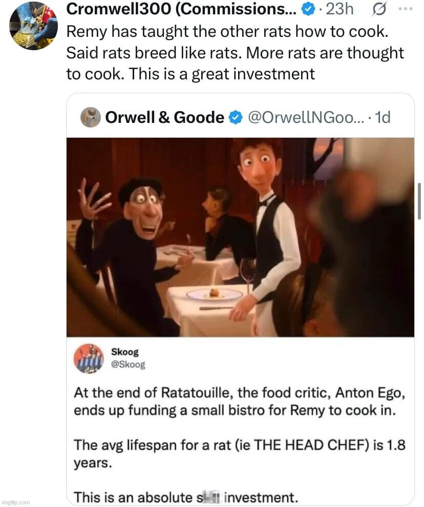Anton Ego from Ratatouille making a bad financial investment funny meme