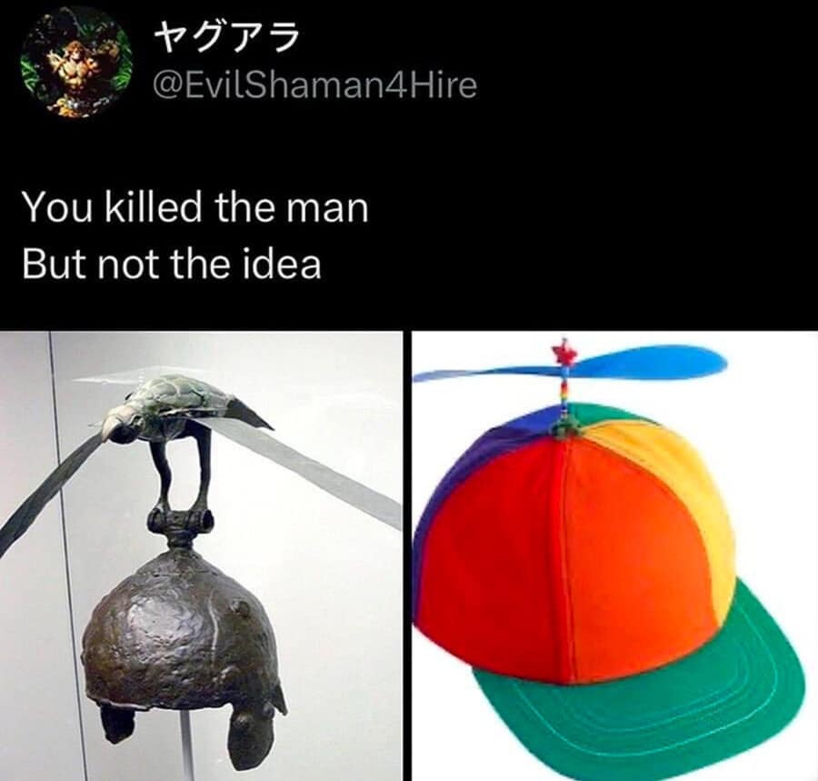 Comparison of an ancient bird helmet and a propeller hat in a hilarious meme
