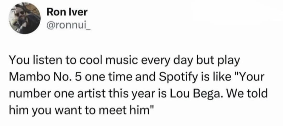 A hilarious meme about listening to Mambo No 5 on Spotify.