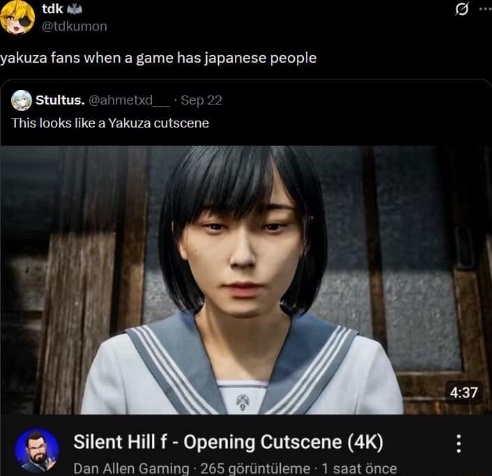 A funny meme tweet roasting Yakuza fans for comparing Silent Hill f to their game.