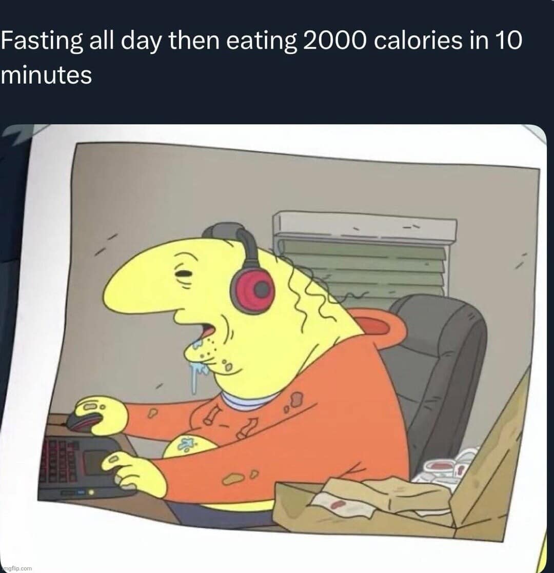Smiling Friends character binge eating pizza after fasting in a funny meme