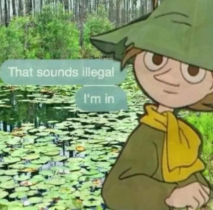A funny meme of Snufkin responding to a text about illegal acts.