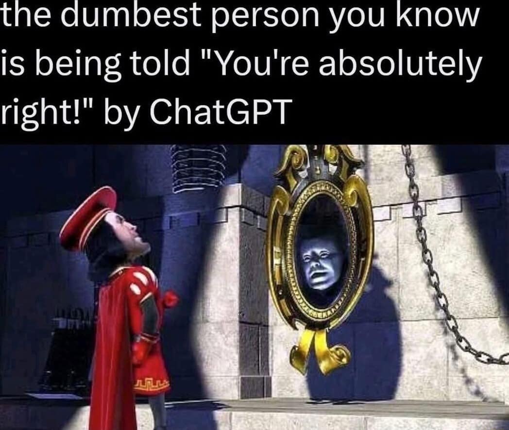 A funny meme of Lord Farquaad looking at a mirror representing ChatGPT validating stupid people.