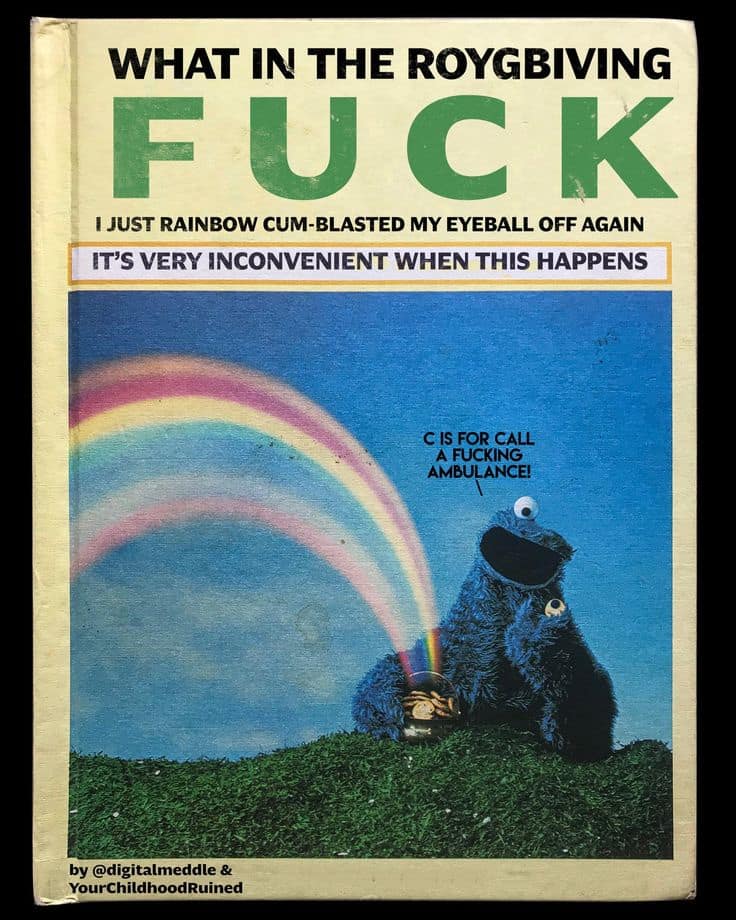 A surreal funny meme book cover featuring Cookie Monster puking a rainbow.