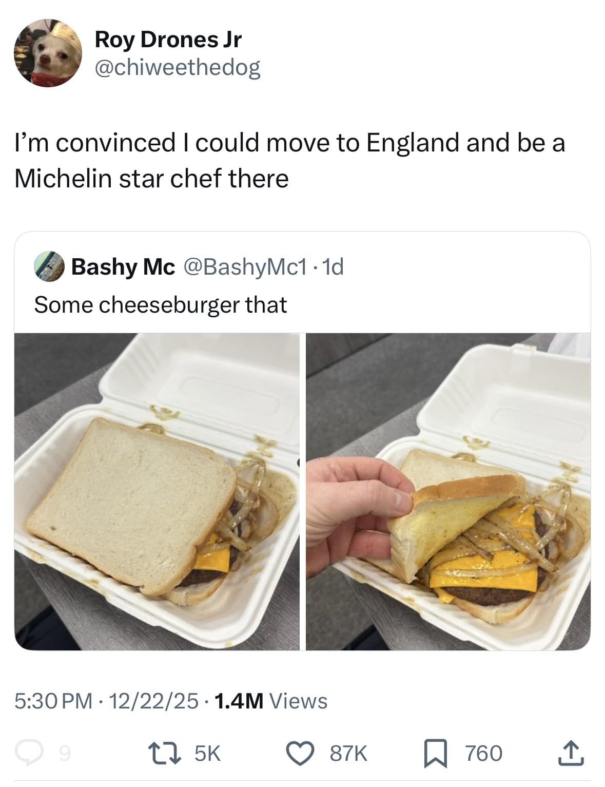 A hilarious meme roasting British food by showing a sad cheeseburger in a styrofoam container.