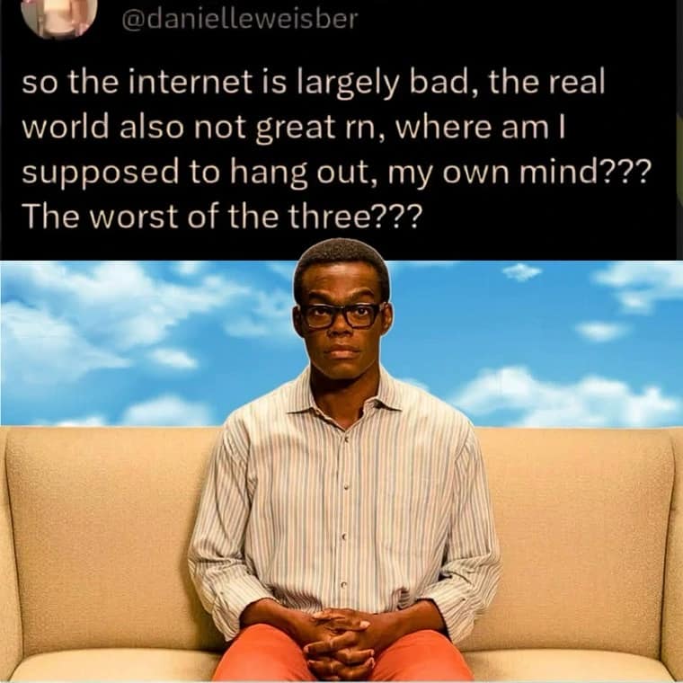 Chidi from The Good Place looking stressed about the internet funny meme