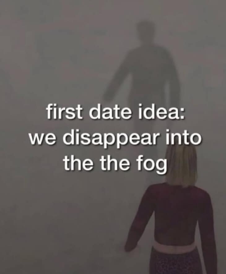 Couple walking into thick fog captioned as a date idea in a hilarious meme