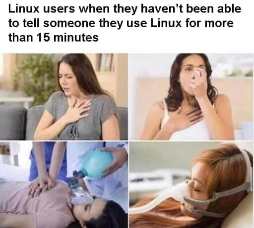 A hilarious meme of an asthma inhaler representing Linux users holding back.