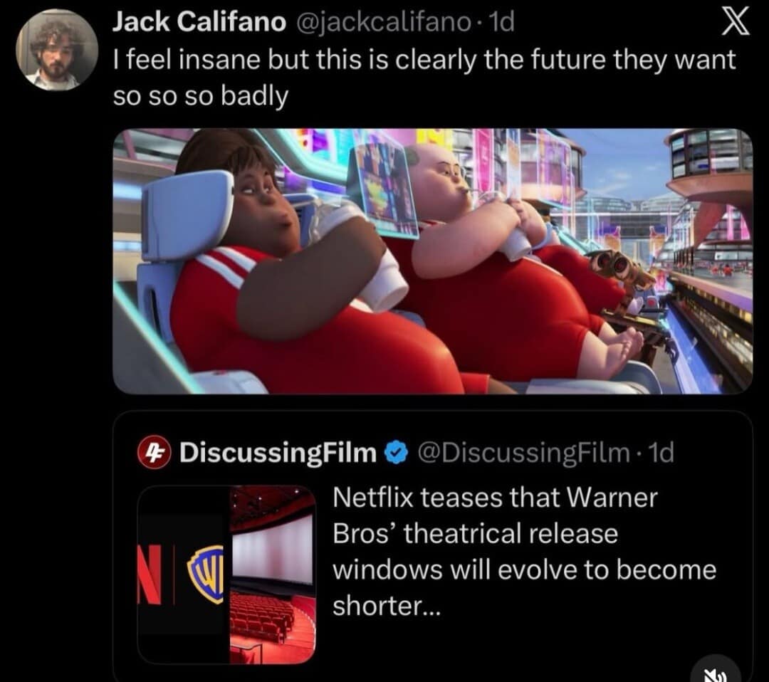 A funny meme comparing the humans from Wall-E to the future of streaming movies.