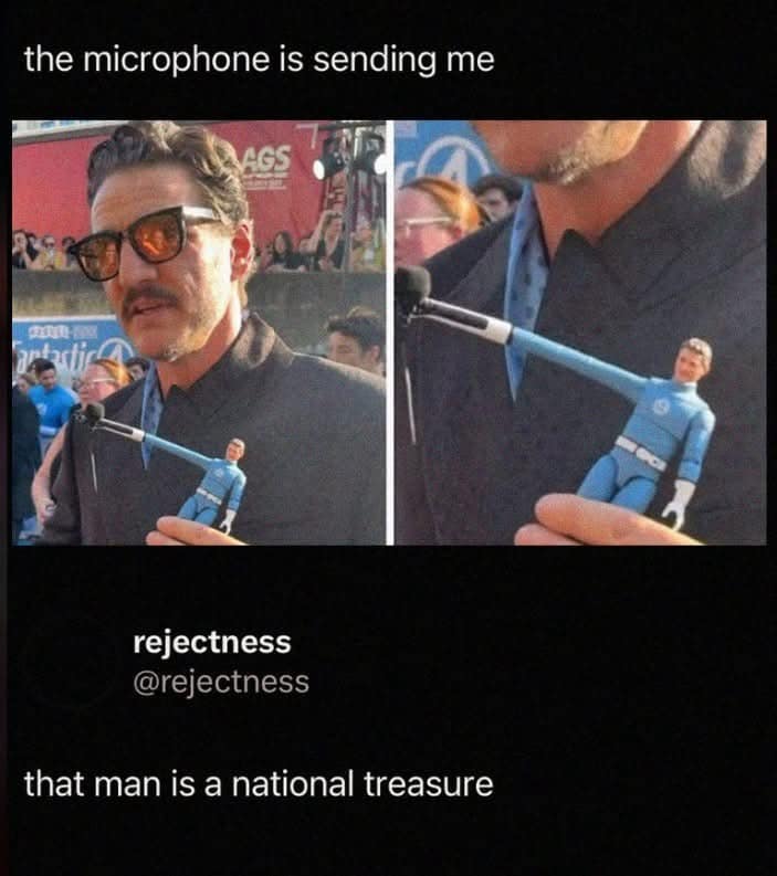 A funny meme comparing Pedro Pascal's microphone to Mr. Fantastic's stretching arm.