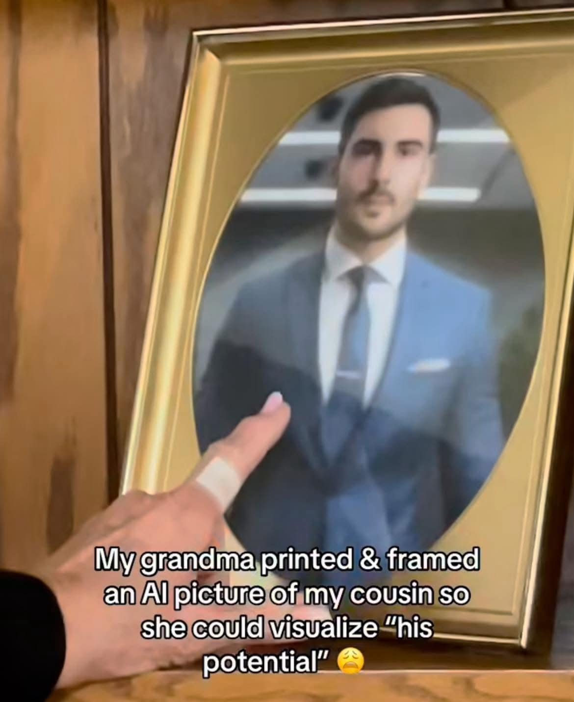 A funny meme showing a grandma pointing at a framed AI picture of her grandson's potential.