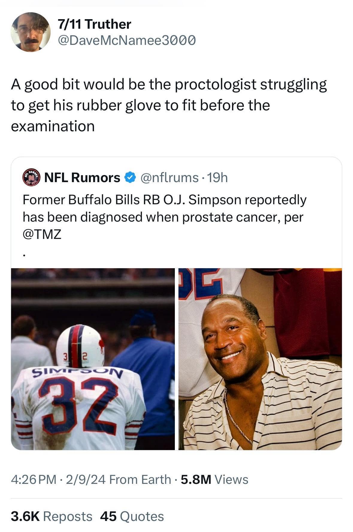 A hilarious meme tweet reacting to O.J. Simpson's diagnosis with a joke about a proctologist struggling with a glove.
