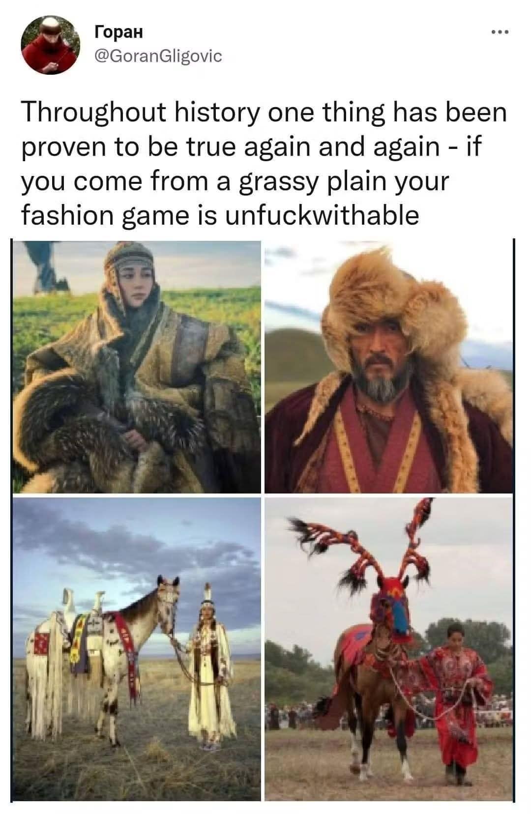 A meme dump history post praising the fashion of people from grassy plains.