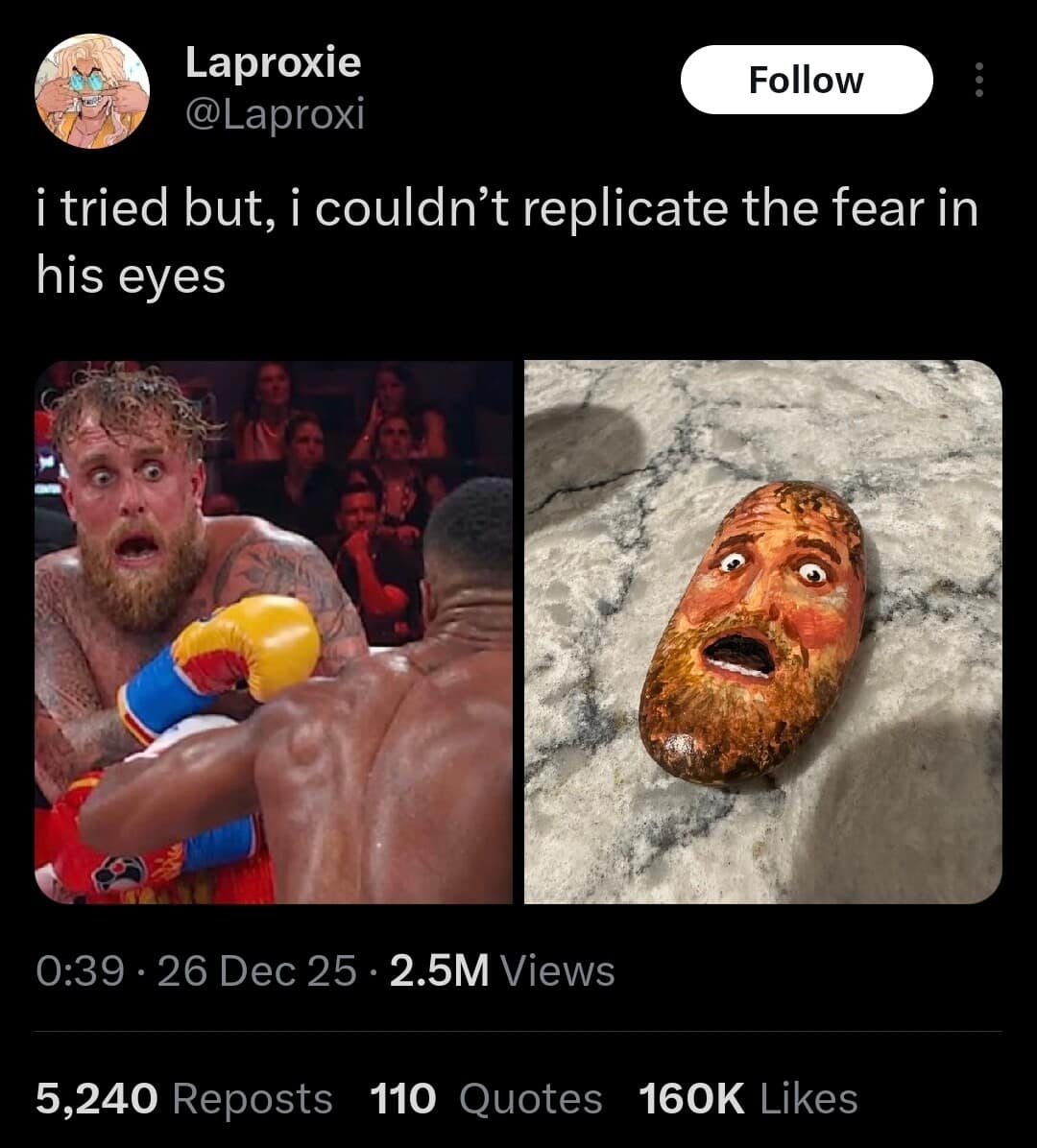A funny meme comparing Jake Paul's fearful face to a painted rock.
