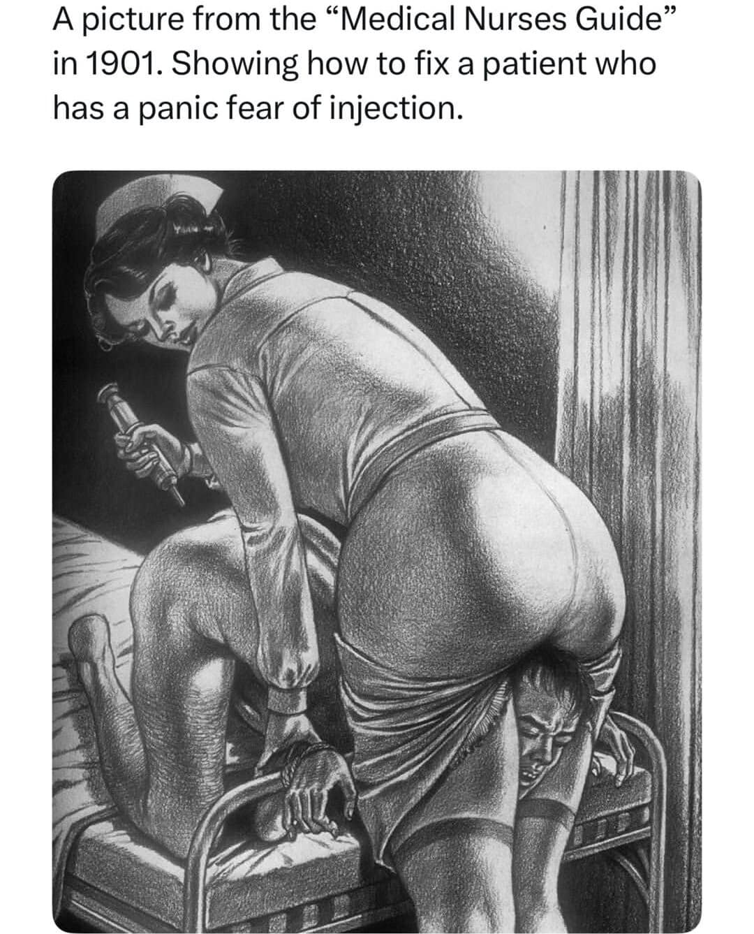 A meme dump vintage illustration from 1901 showing a nurse pinning a patient's head between her legs.