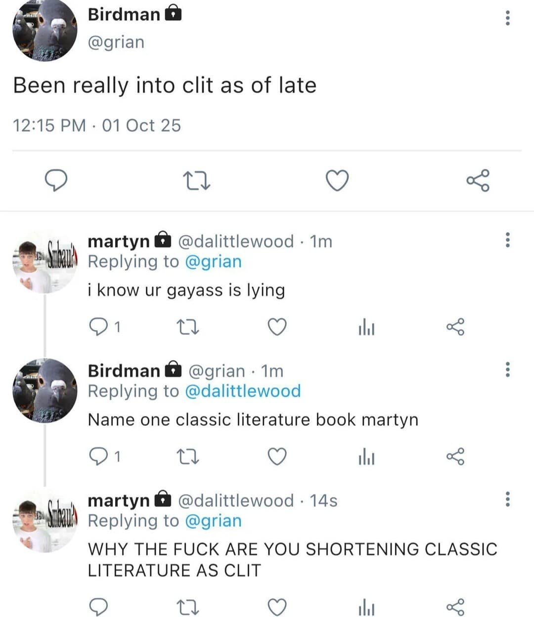 A funny meme text conversation where someone abbreviates Classic Literature in a regrettable way.