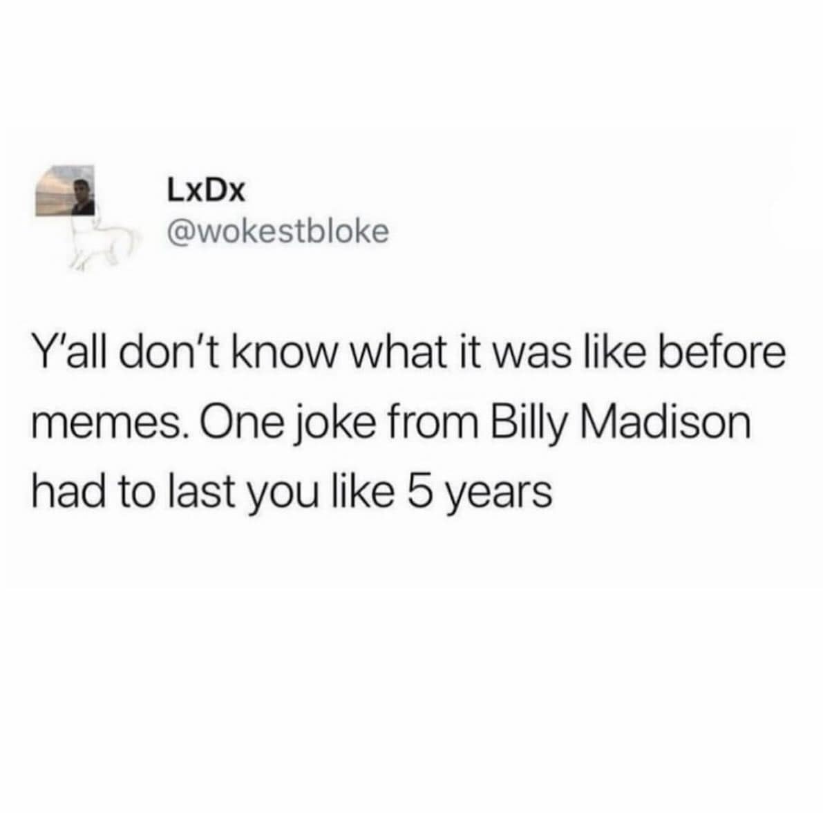 A hilarious meme tweet about how one Billy Madison joke had to last 5 years before internet memes existed.
