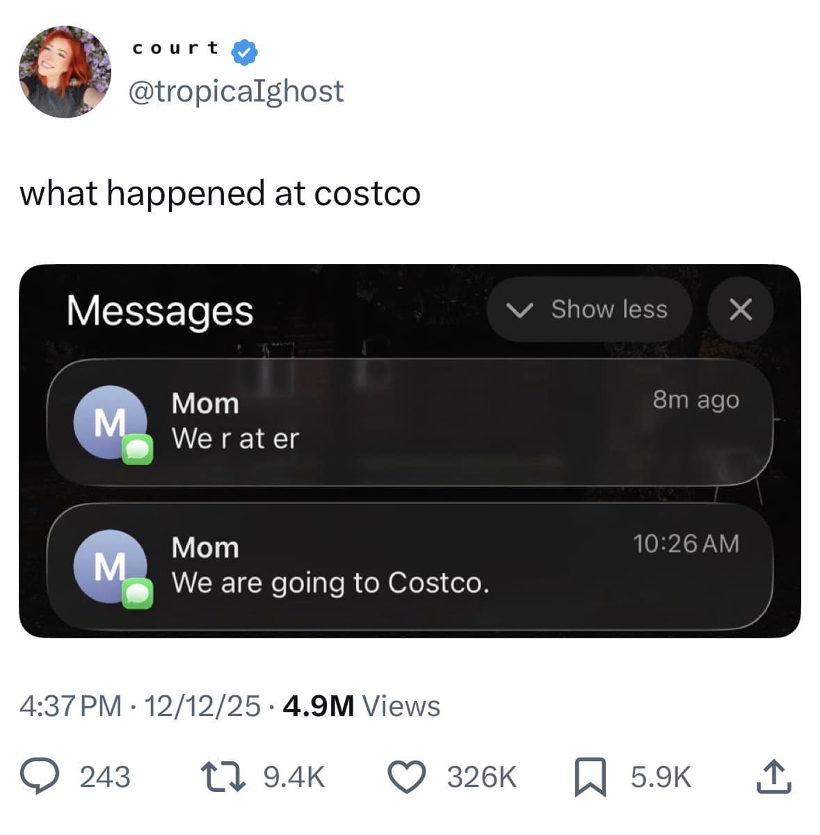 A hilarious meme text screenshot where a mom accidentally types she is at the ER instead of Costco