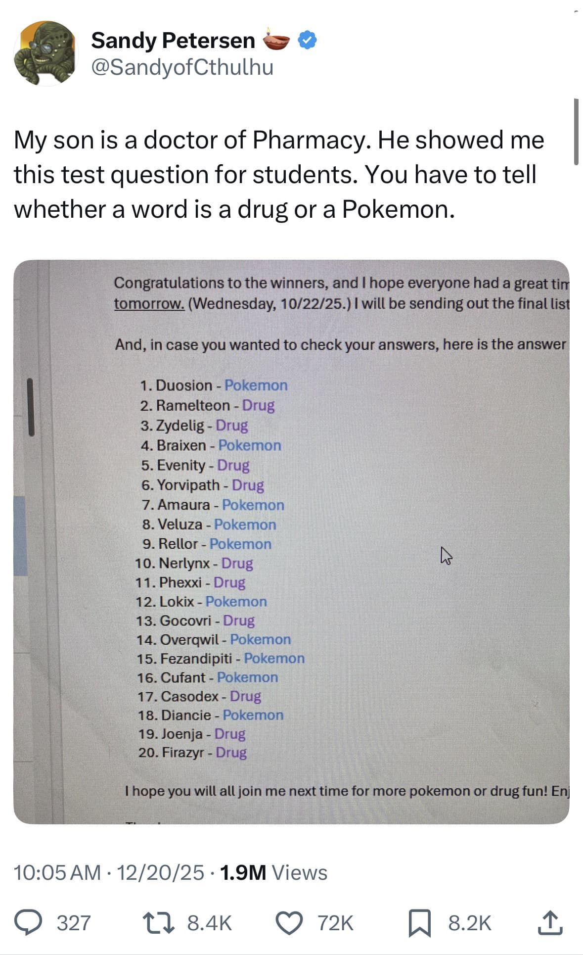A funny meme showing a test question asking to identify words as either a Drug or a Pokemon.