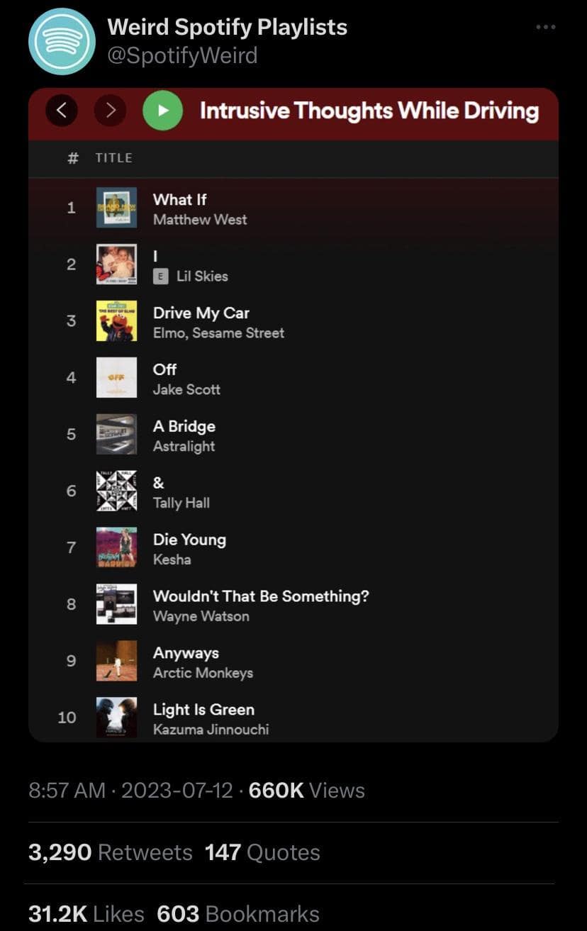 A meme dump Spotify playlist titled Intrusive Thoughts While Driving with song titles forming a sentence.